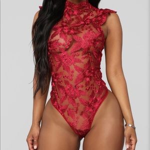 Sheer red sexy lace bodysuit top-small